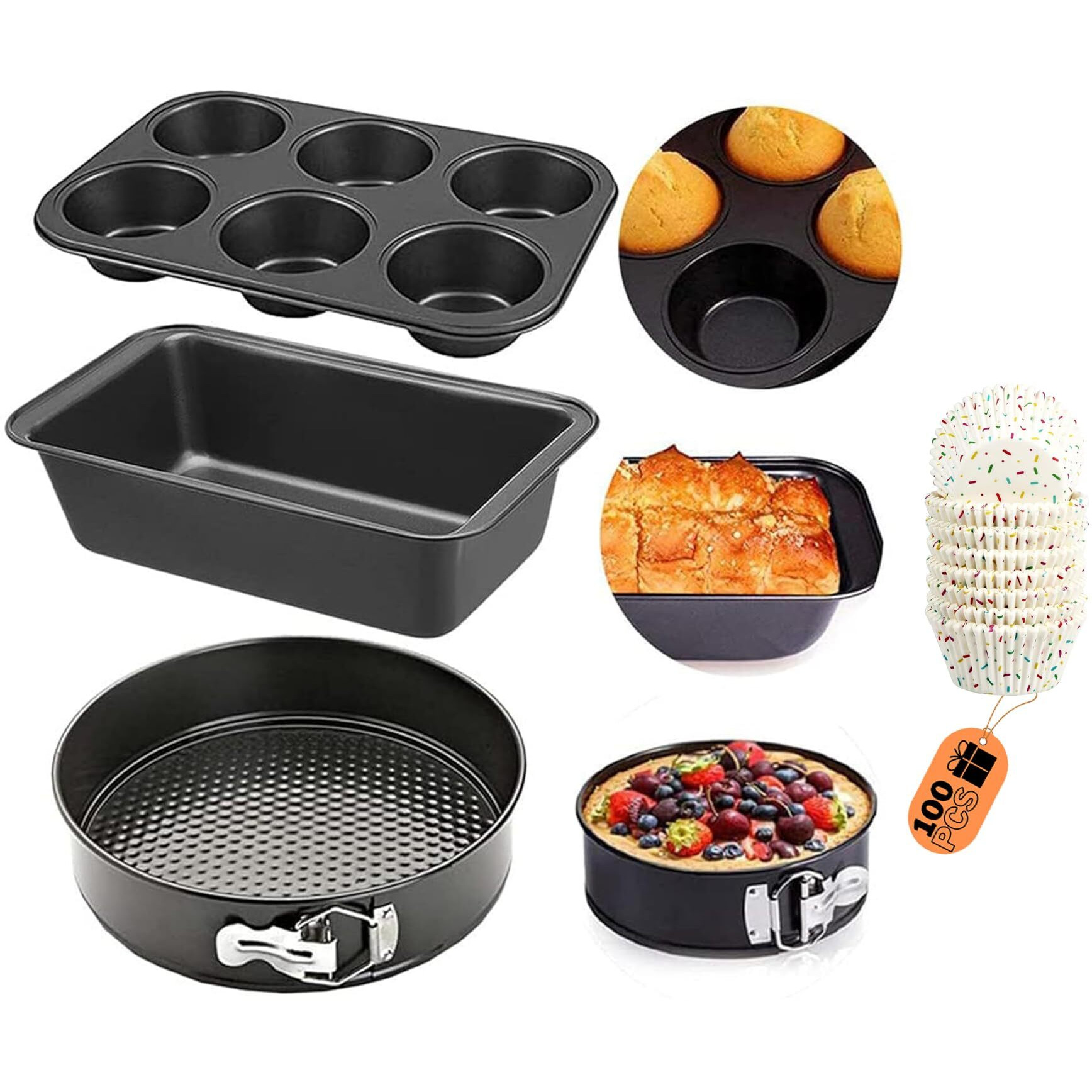 Curated Cart Premium Cake Making Set - Combo Carbon Steel Cake Baking for Microwave OTG Oven and Dishwasher Safe (6 Cavity Cup + Rectangle Cake Tin + Cake Mould)