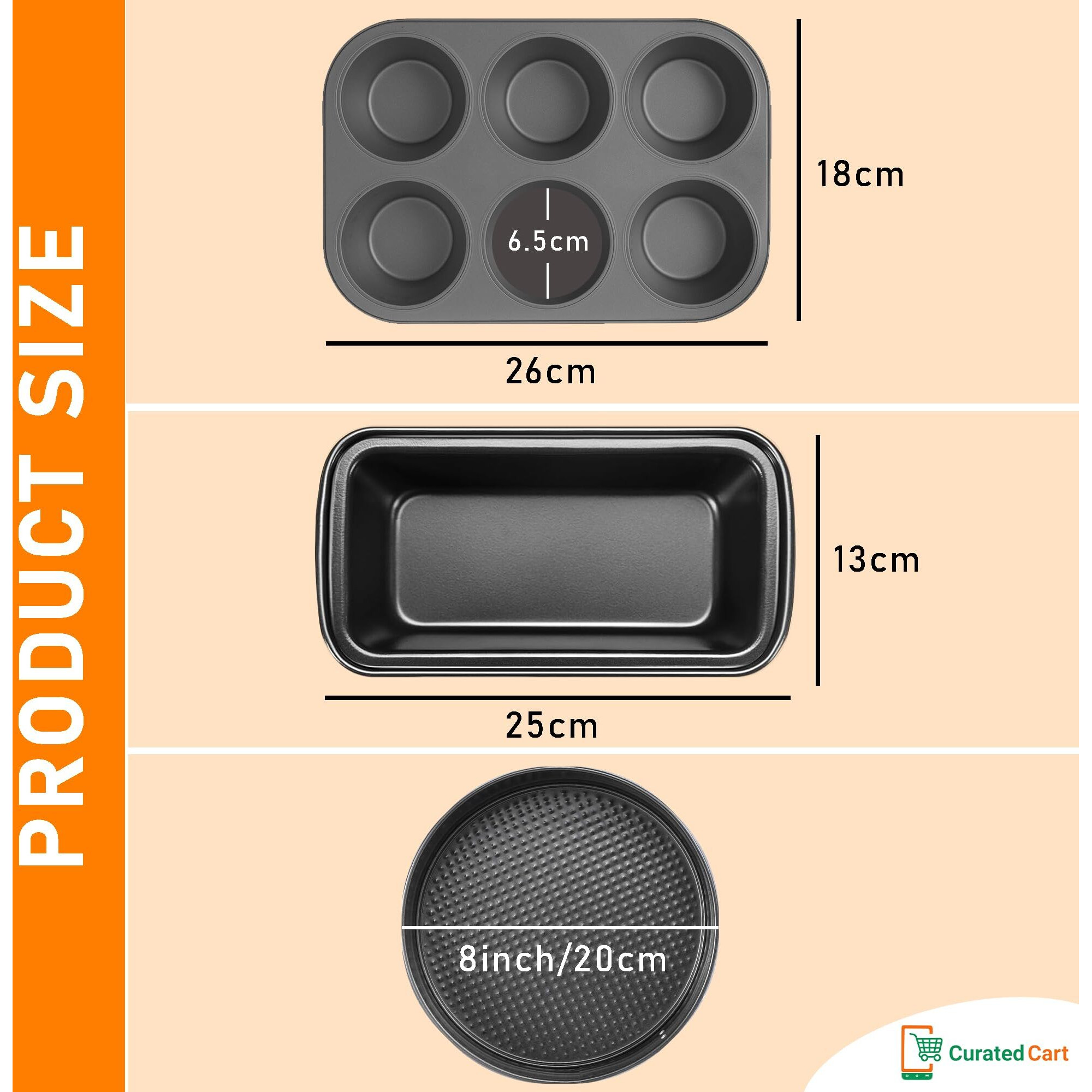 Curated Cart Premium Cake Making Set - Combo Carbon Steel Cake Baking for Microwave OTG Oven and Dishwasher Safe (6 Cavity Cup + Rectangle Cake Tin + Cake Mould)