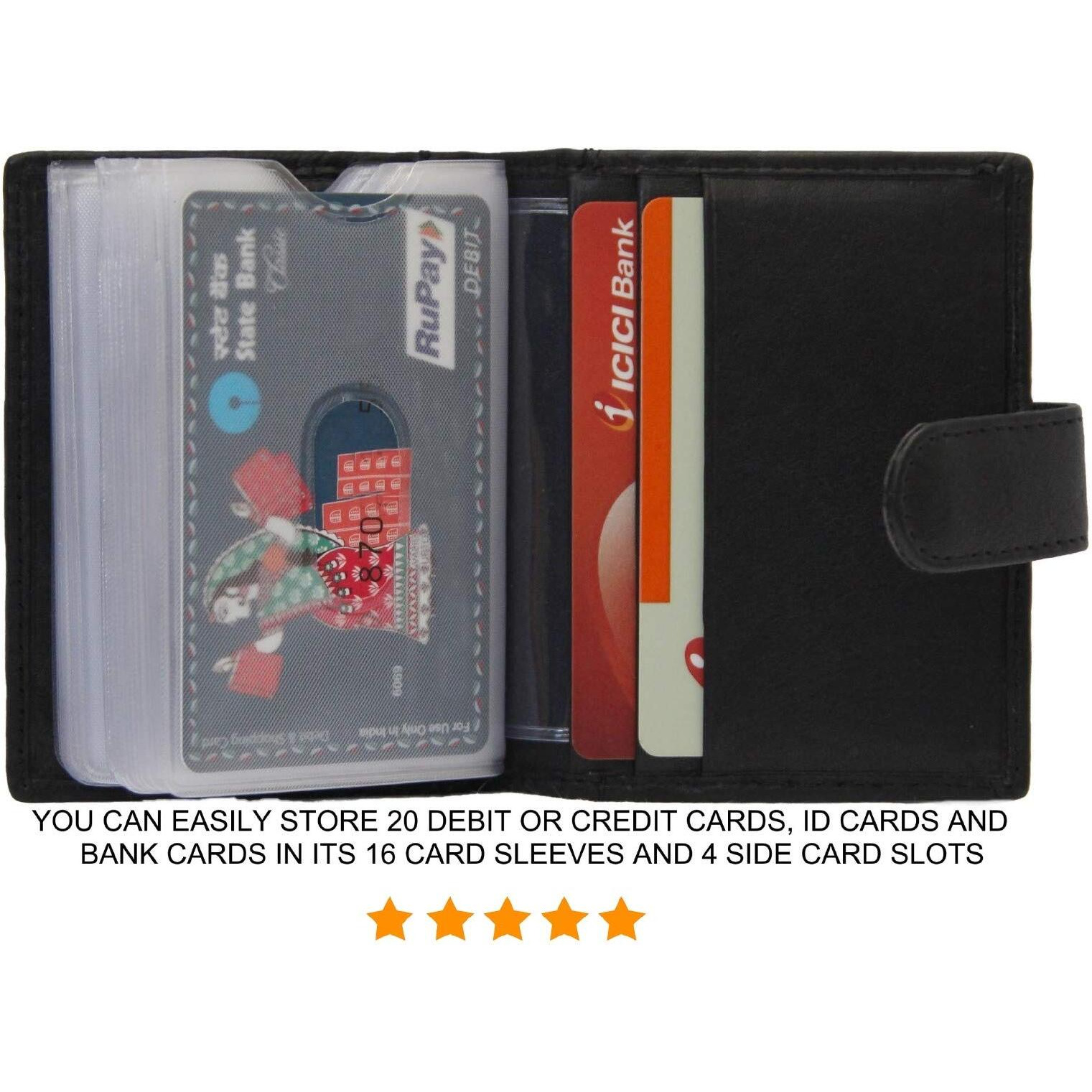 Husk N Hoof RFID Protected Leather Credit Card Holder Wallet for Man Women | Card Holder for Men Woman | Black (20 Card Slots)