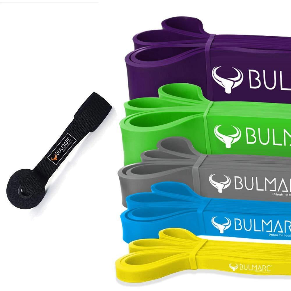 BULMARC s Resistance Band Pull Up Assist Bands Resistance Bands (Set of 5 Pull UP Bands Xlight, Light, Medium, Heavy, XHeavy (2-57) KGS) with Door Anchor Attachment ,100% Natural Thai Latex