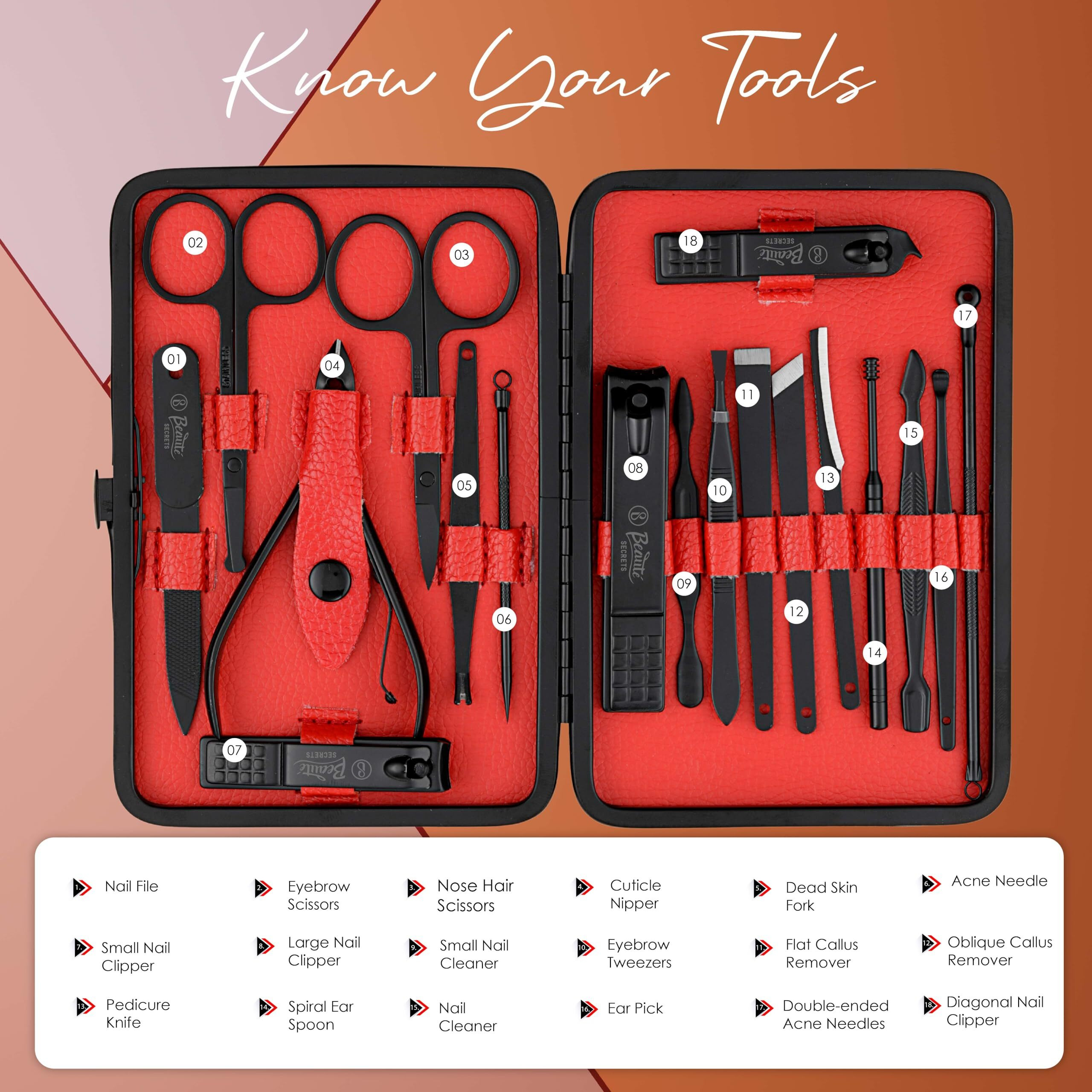 Beaut Secrets Manicure Kit, pedicure tools for feet, Nail Clipper, Manicure Pedicure kit for women and Men, 18 Pieces,Perfect Gifts for Women and Men (Red Black)