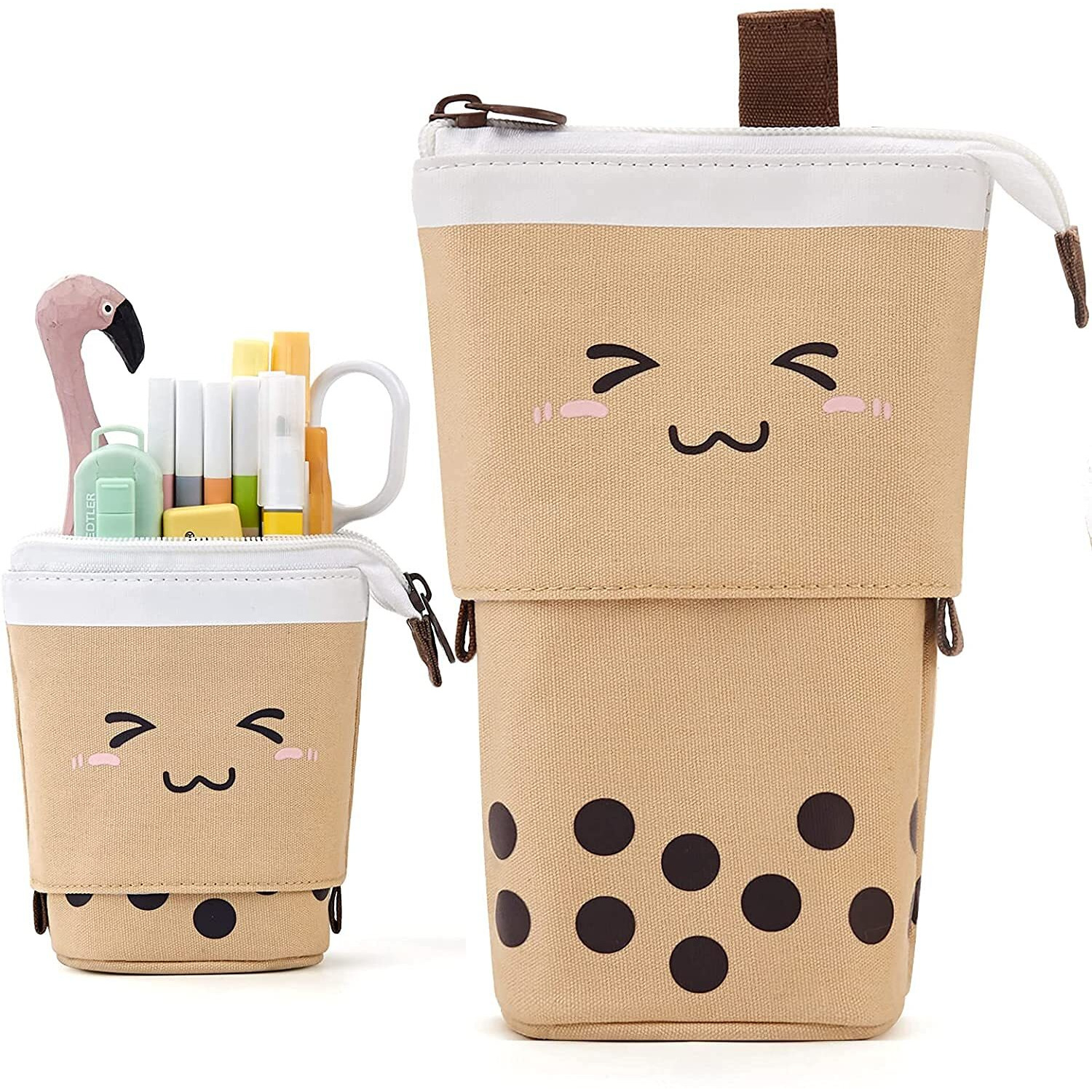 FineMoe Standing Pencil Case Cute Pencil Pouch for Girls & Boys - Korean Boba Pop Up Stationery Makeup Cosmetic Organizer Box, Pen Pencil Pouches for Stationary Boys Kids Women School Students (Brown)