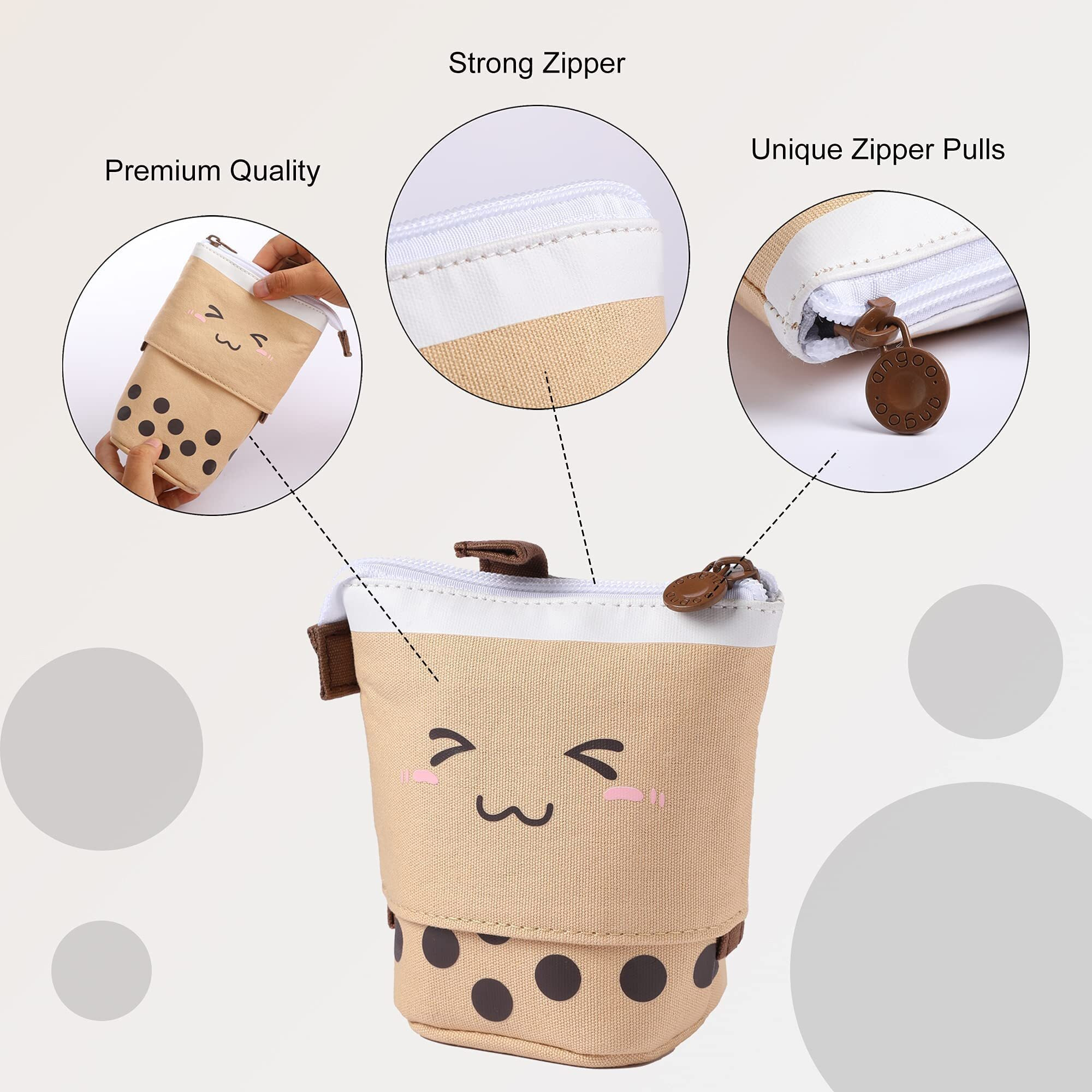 FineMoe Standing Pencil Case Cute Pencil Pouch for Girls & Boys - Korean Boba Pop Up Stationery Makeup Cosmetic Organizer Box, Pen Pencil Pouches for Stationary Boys Kids Women School Students (Brown)
