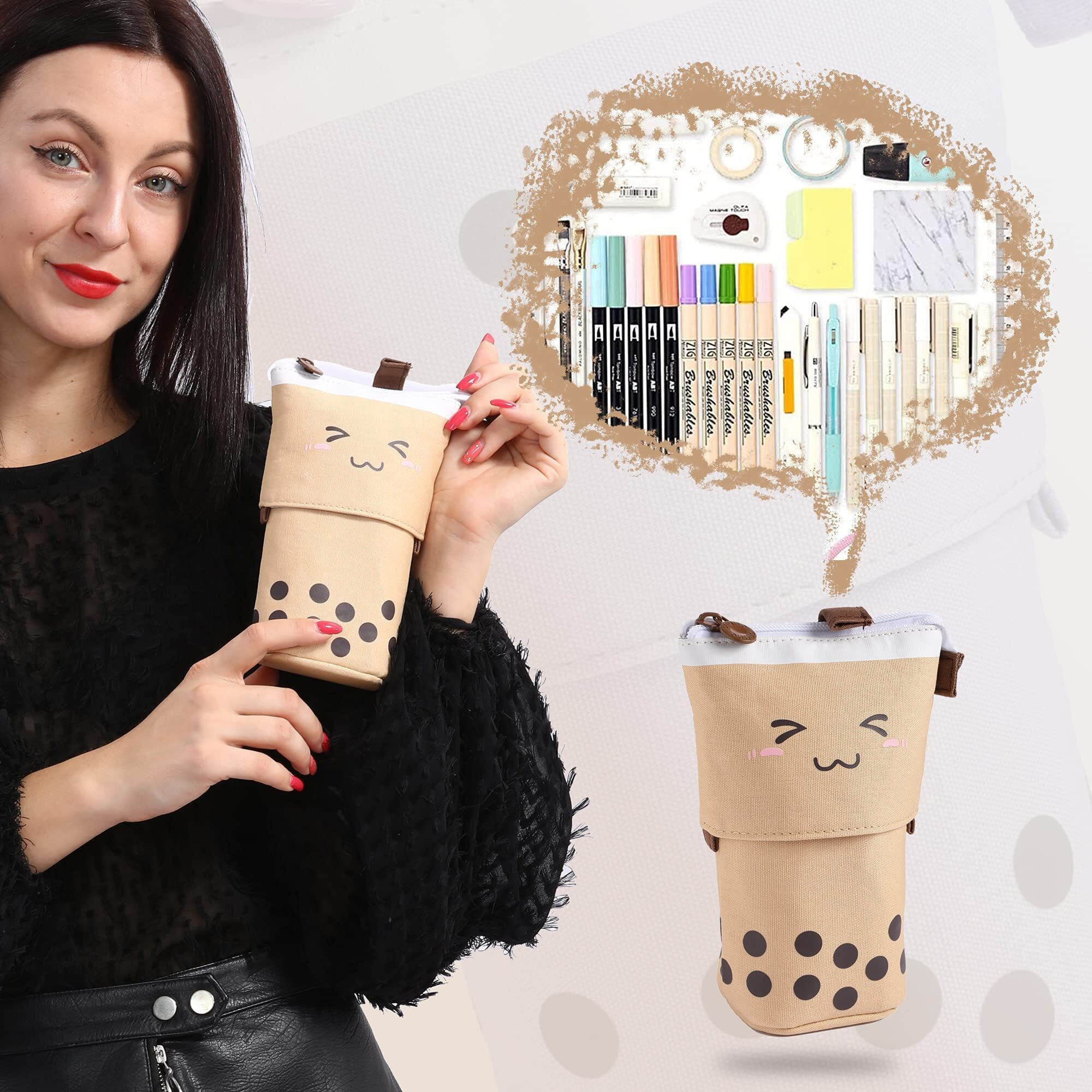 FineMoe Standing Pencil Case Cute Pencil Pouch for Girls & Boys - Korean Boba Pop Up Stationery Makeup Cosmetic Organizer Box, Pen Pencil Pouches for Stationary Boys Kids Women School Students (Brown)