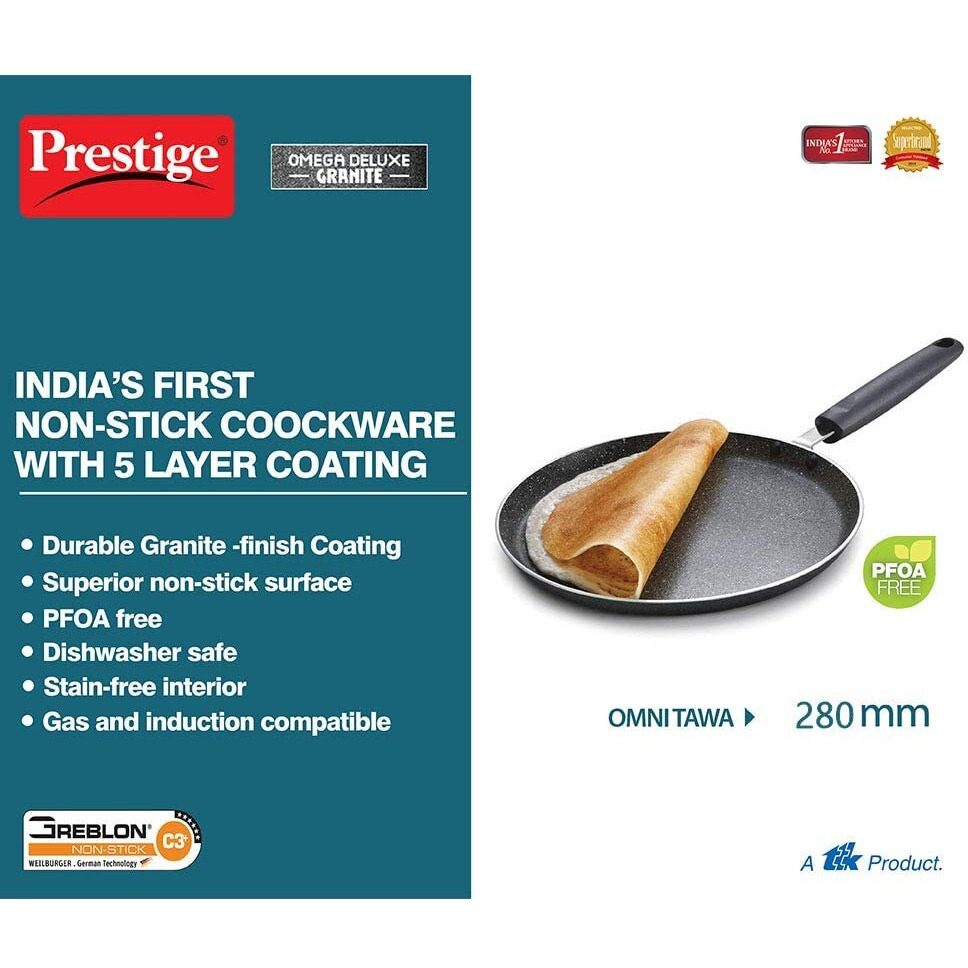 Prestige Omega Deluxe Granite Dosa Tawa, 280 mm, Black, Nonstick Aluminium