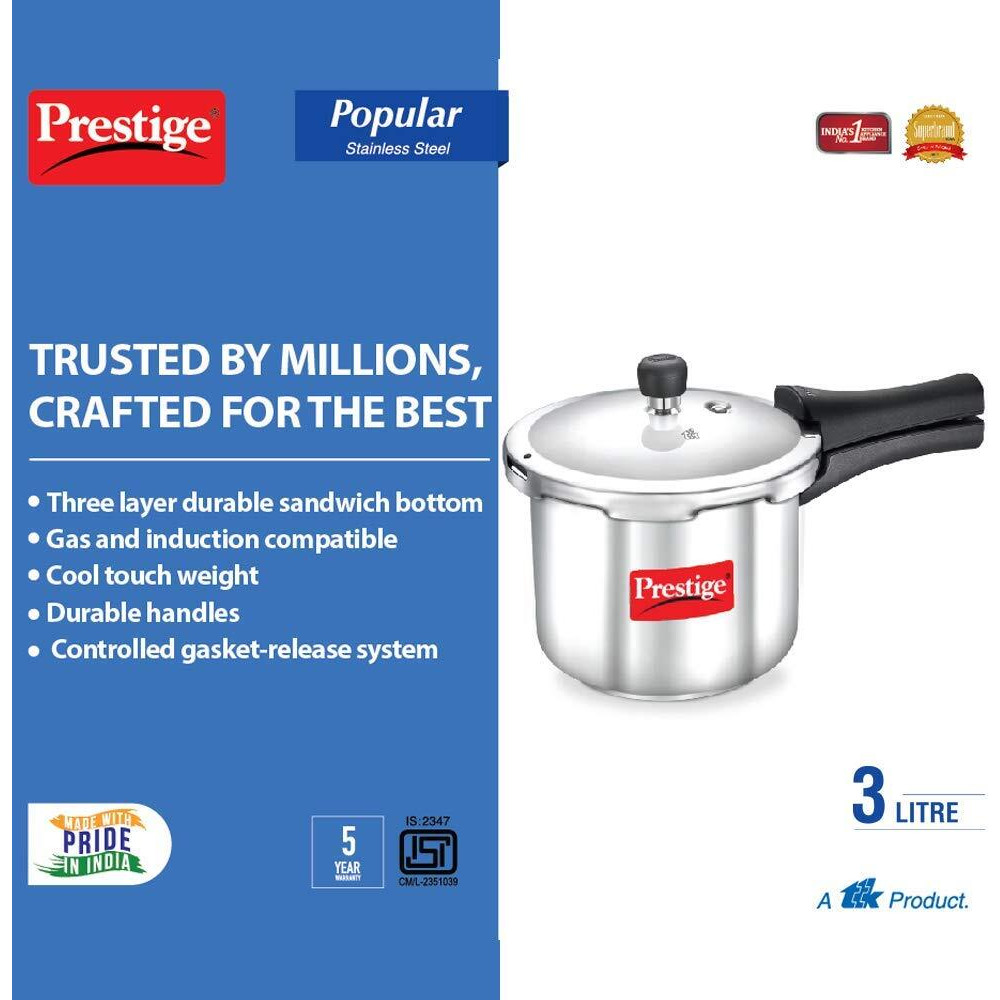 Prestige Popular Stainless Steel Outer Lid Pressure Cooker, 3 Litres, Silver