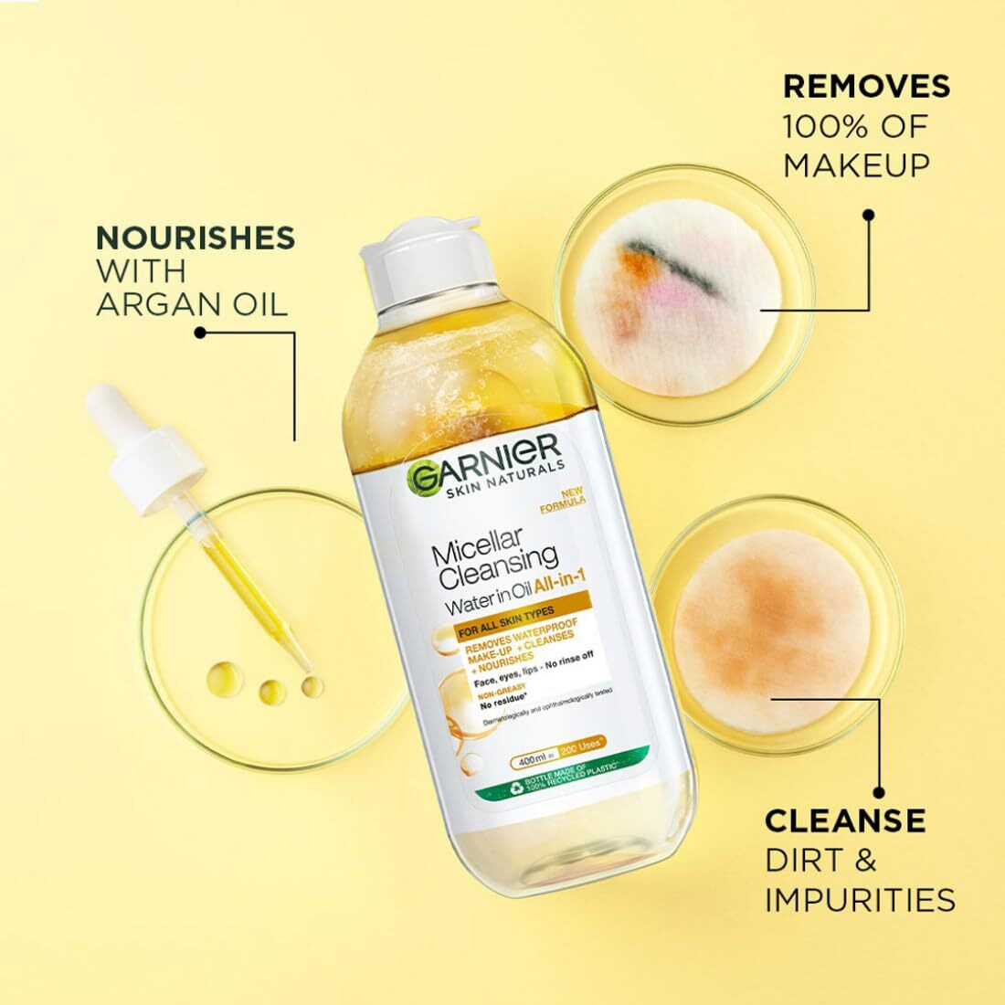 Garnier Skin Naturals, Cleansing Water for Waterproof Makeup, Nourishing Formula, Micellar Oil-Infused Cleansing Water, 125ml