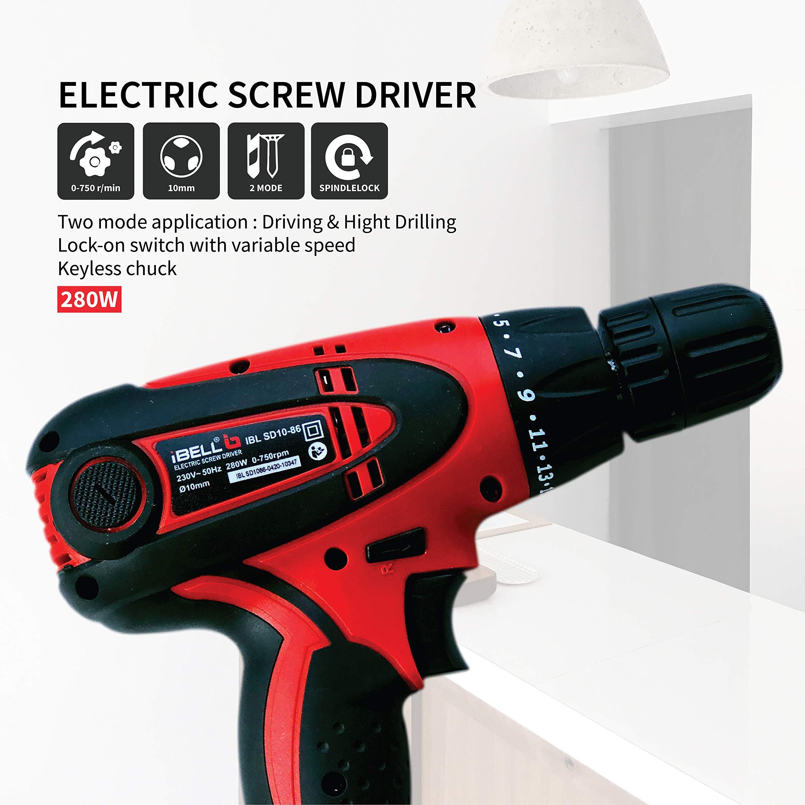 IBELL Electric Screwdriver SD10-85/86, 280W, Copper Armature, Chuck 10mm, 750RPM, Torque 19+1 Drill Moden (Red-Black)