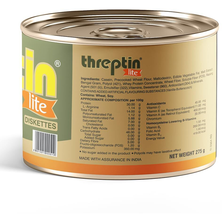 Threptin LITE- Sugarfree Protein Diskettes - 275g, Casein Protein Diskette with Fibers, Antioxidant, Vitamins and Minerals| For Kids, Men and Women|Delicious Vanilla Flavor|100% Veg