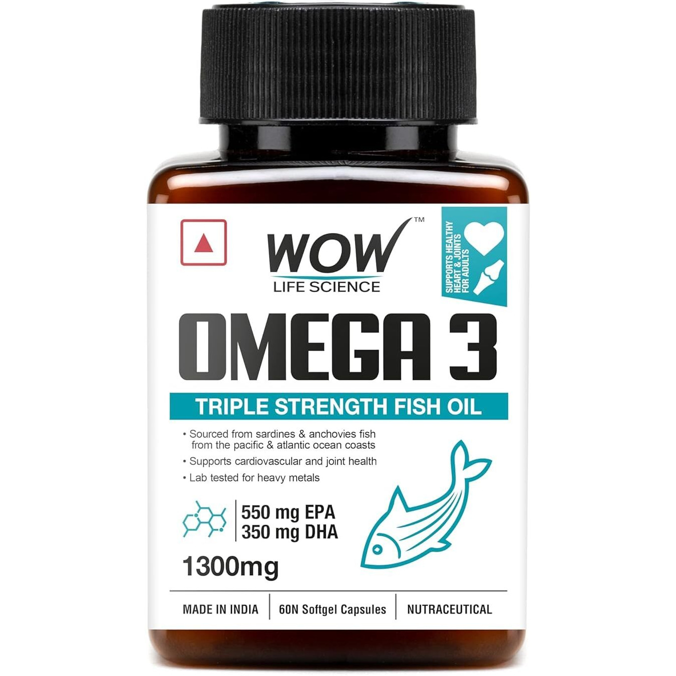 WOW Life Science Omega-3 Fish Oil 1300 Mg Triple Strength 550Mg Epa 350Mg Dha,Burpless,Mercury Free,Ideal For Keto Diet,1 Count