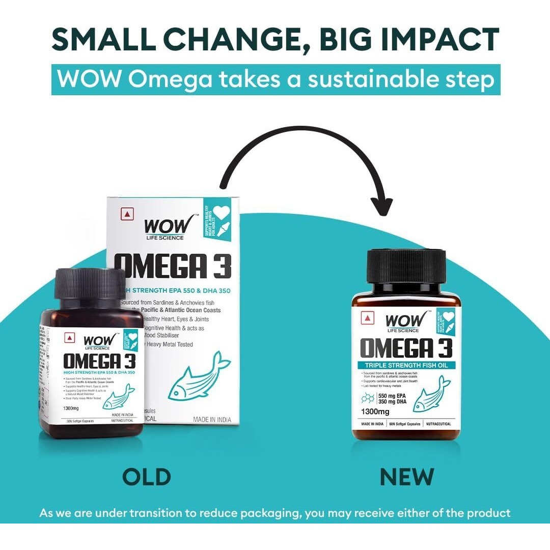 WOW Life Science Omega-3 Fish Oil 1300 Mg Triple Strength 550Mg Epa 350Mg Dha,Burpless,Mercury Free,Ideal For Keto Diet,1 Count