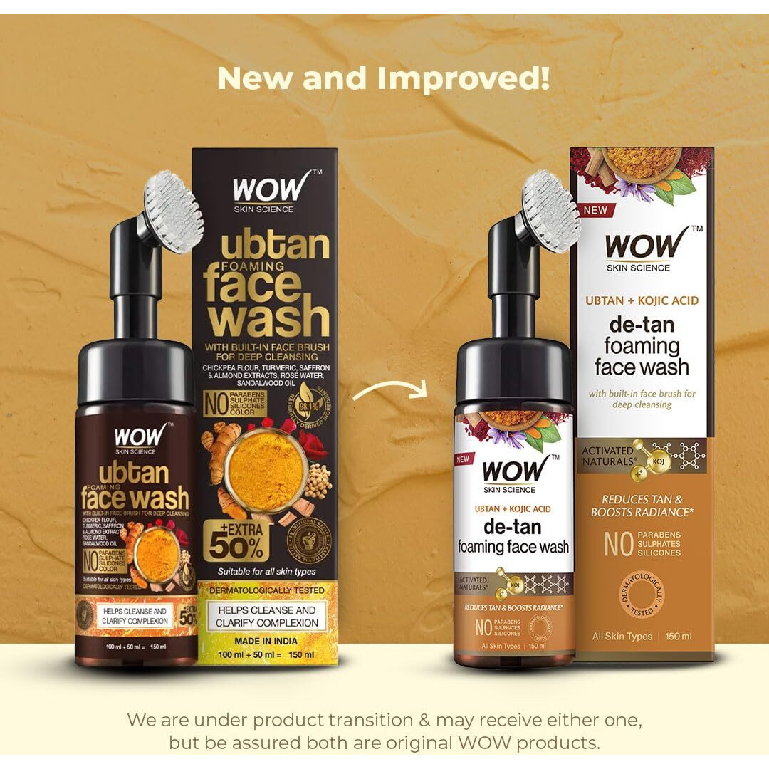 WOW Skin Science Ubtan Foaming Face Wash | Built in Brush for Deep Cleansing | Turmeric & Saffron | All Skin Types | Bright, Clear Skin | Paraben & Sulphates Free| Face Wash for Women & Men | 150 ml