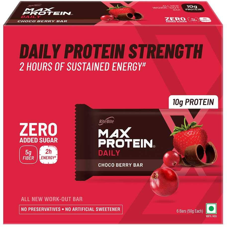 RiteBite Max Protein Daily Choco Berry Protein Bars with 10g Protein, 5g Fiber & 21 Vit. & Minerals | 0 Added Sugar, No Cholesterol & Trans Fat For Upto 2h of Energy, Healthy Snack, 50g (Pack of 6)