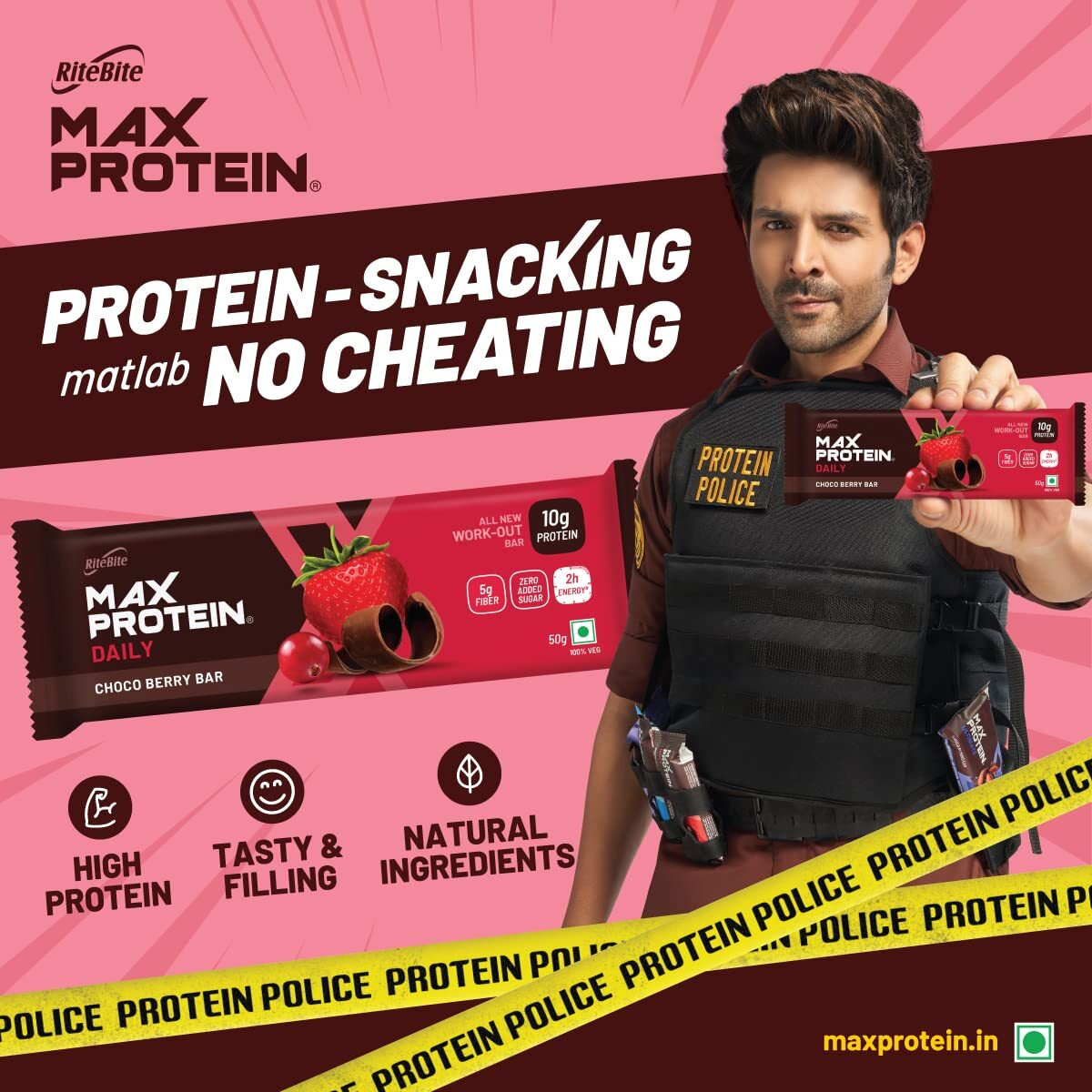 RiteBite Max Protein Daily Choco Berry Protein Bars with 10g Protein, 5g Fiber & 21 Vit. & Minerals | 0 Added Sugar, No Cholesterol & Trans Fat For Upto 2h of Energy, Healthy Snack, 50g (Pack of 6)
