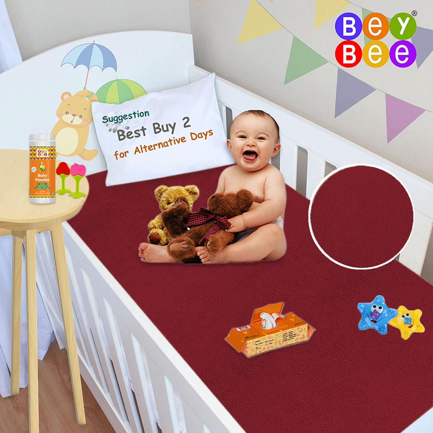 BeyBee Waterproof Quick Dry Sheet for Baby| Bed Pad Anti-Piling Fleece Extra Absorbent Washable Matress Protector| Baby Bed Protector Sheet for Toddler Children, Small Size, 50x70cm, Maroon