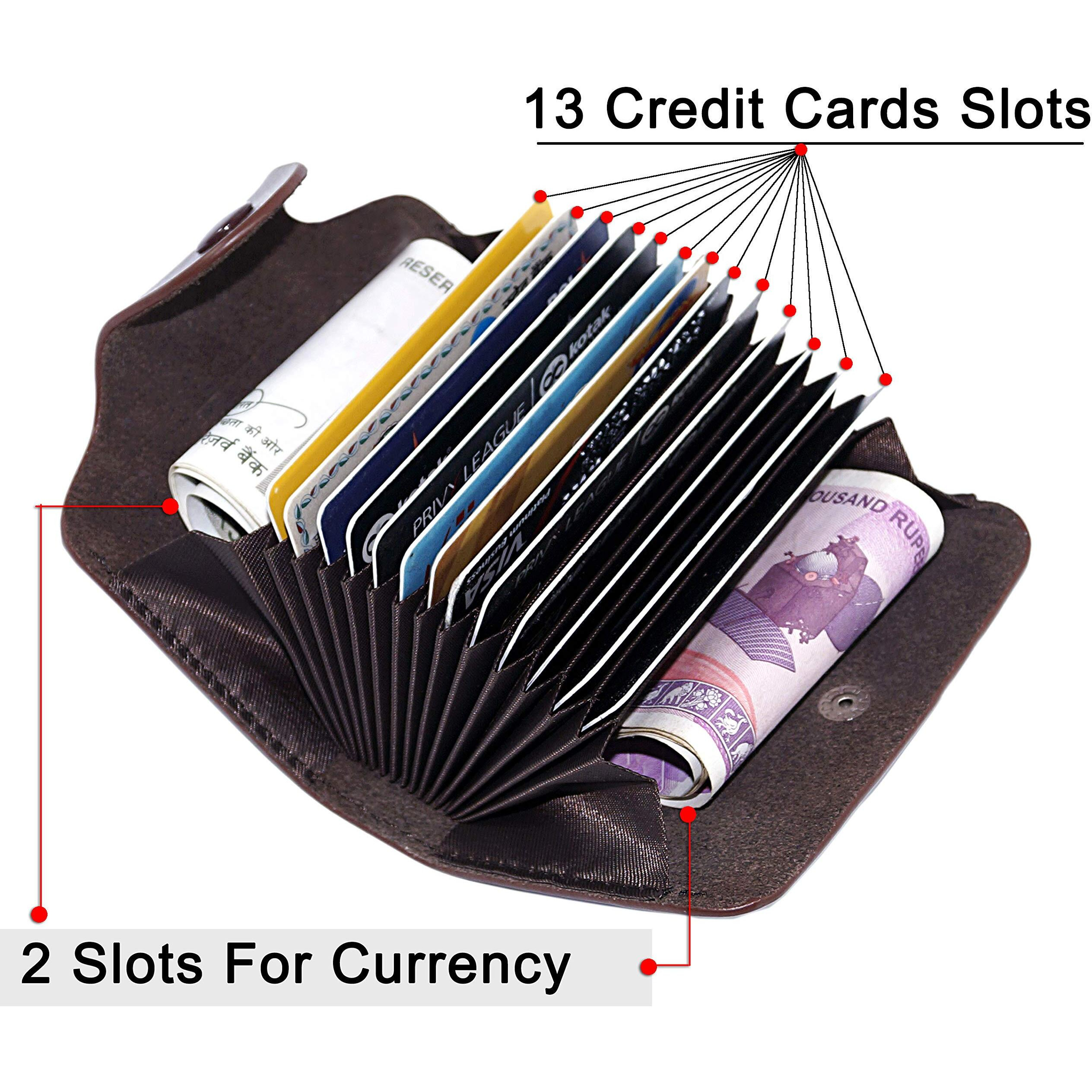 DAHSHA 13 Slots Leather Credit Card Holder Wallet with 2 Money Pocket for Men and Women (Brown,10.5x7.5x2.6 cm)