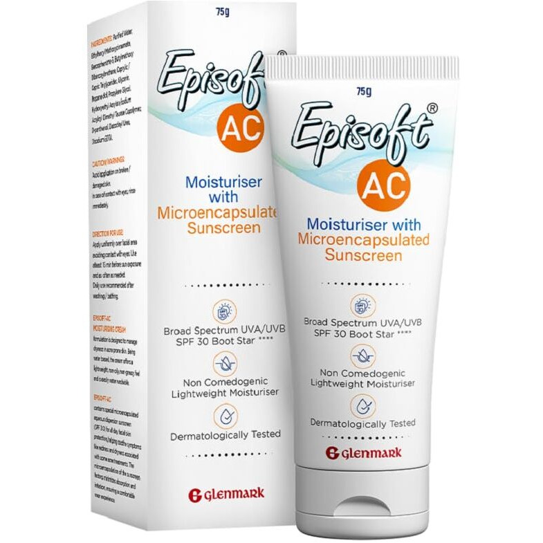 Episoft Ac Lightweight Moisturizer With Microencapsulated Sunscreen | Acne Safe | All Skin Types | Paraben & Fragrance Free | Suitable For Men & Women | 75Gm, 30 SPF