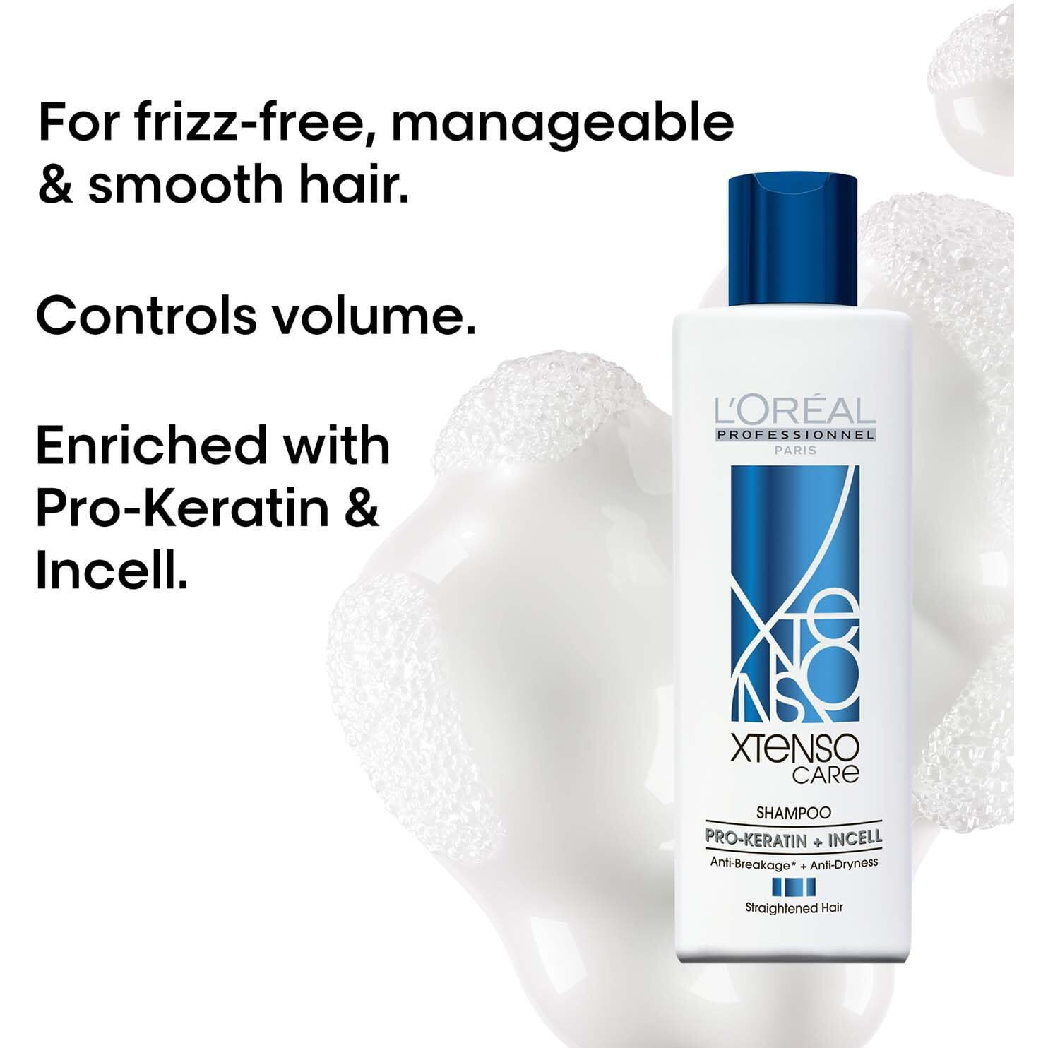 L Oral Professionnel Xtenso Care Shampoo for Frizz-Free, Smooth & Manageable Hair 250ml | Enriched with Pro Keratin & Incell | For Men & Women | Unruly, Unmanageable Hair