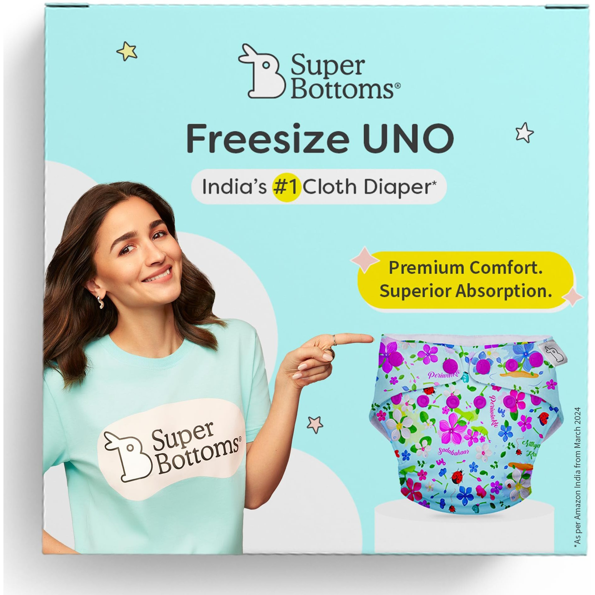 SuperBottoms Freesize UNO - Washable & Reusable UNO Cloth Diaper + 1 Organic Cotton Magic Dry Feel pad [Day & Night Use] (for Babies 5kgs - 17kgs) -Periwinkle &lt3