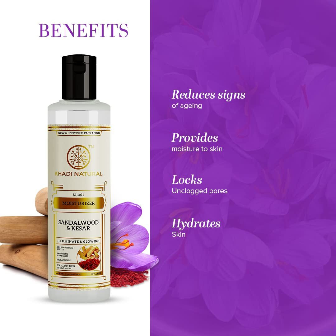 Khadi Natural Sandalwood & Kesar Lotion Moisturizer | Herbal Moisturizer For Skin | Moisturizer For Hydrated & Healthy Skin | Anti-Ageing Moisturizer | Suitable For All Skin Types | 210Ml