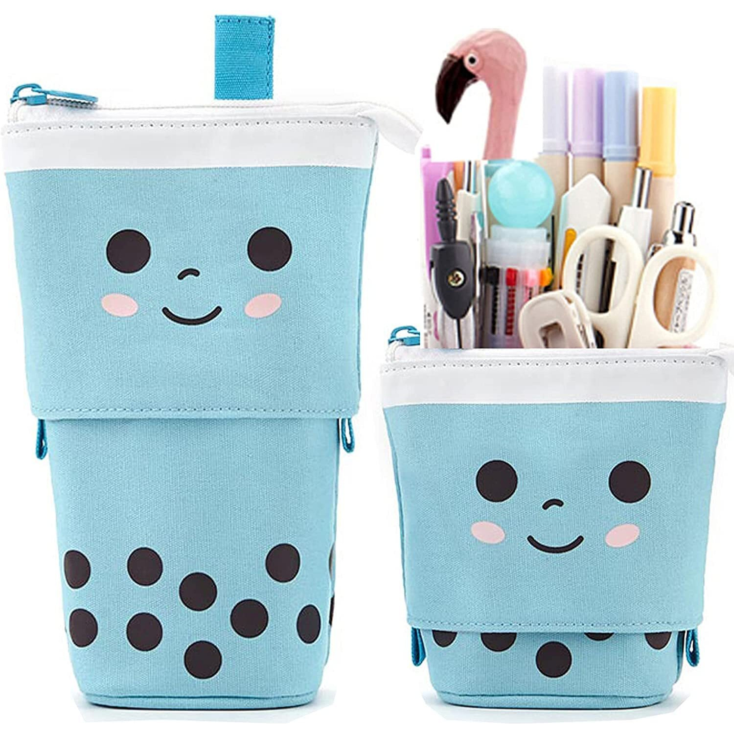 FINEMOE Polyester Standing Case Cute Pencil Pouch For Girls&Boys-Korean Boba Pop Up Stationery Makeup Cosmetic Organizer Box,Pen Pencil Pouches For Stationary Boys Kids Women School Students(Blue)