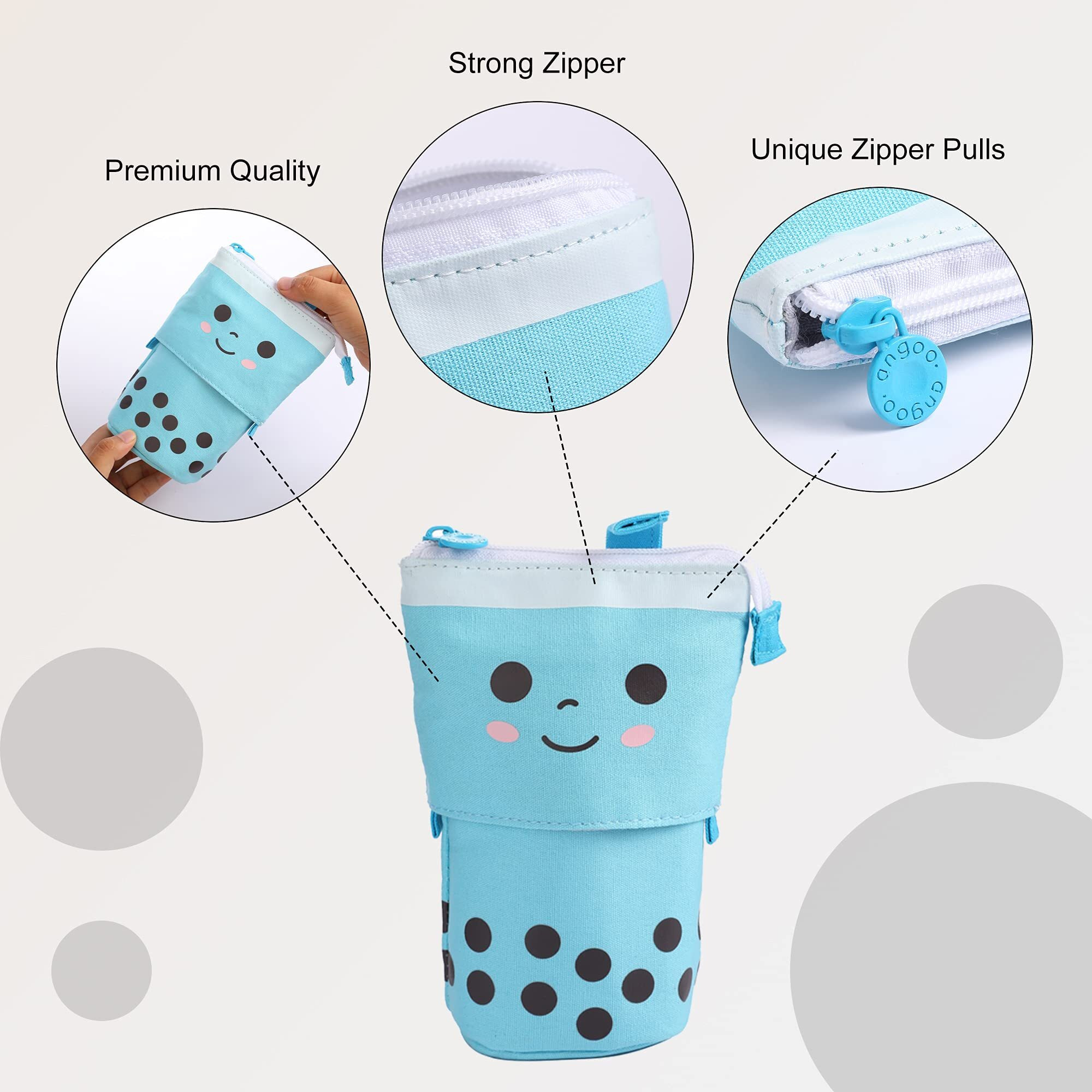 FINEMOE Polyester Standing Case Cute Pencil Pouch For Girls&Boys-Korean Boba Pop Up Stationery Makeup Cosmetic Organizer Box,Pen Pencil Pouches For Stationary Boys Kids Women School Students(Blue)