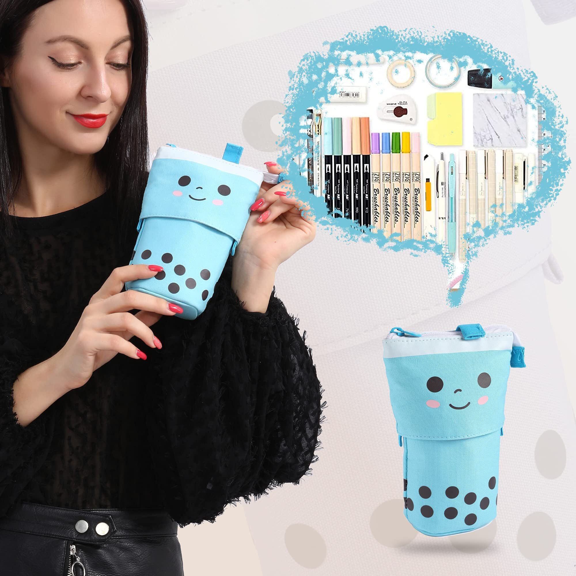 FINEMOE Polyester Standing Case Cute Pencil Pouch For Girls&Boys-Korean Boba Pop Up Stationery Makeup Cosmetic Organizer Box,Pen Pencil Pouches For Stationary Boys Kids Women School Students(Blue)