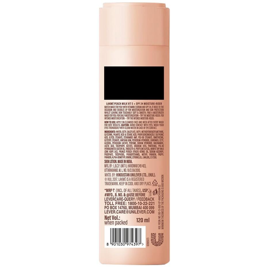 LAKM Peach Milk Ceramide Lotion Moisturizer with SPF 24 & Hyaluronic for Intense Moisturizing & Skin Protection from UVA/B Rays|With Skin Conditioner| For Dry Skin, Normal Skin & Sensitive Skin 120ml