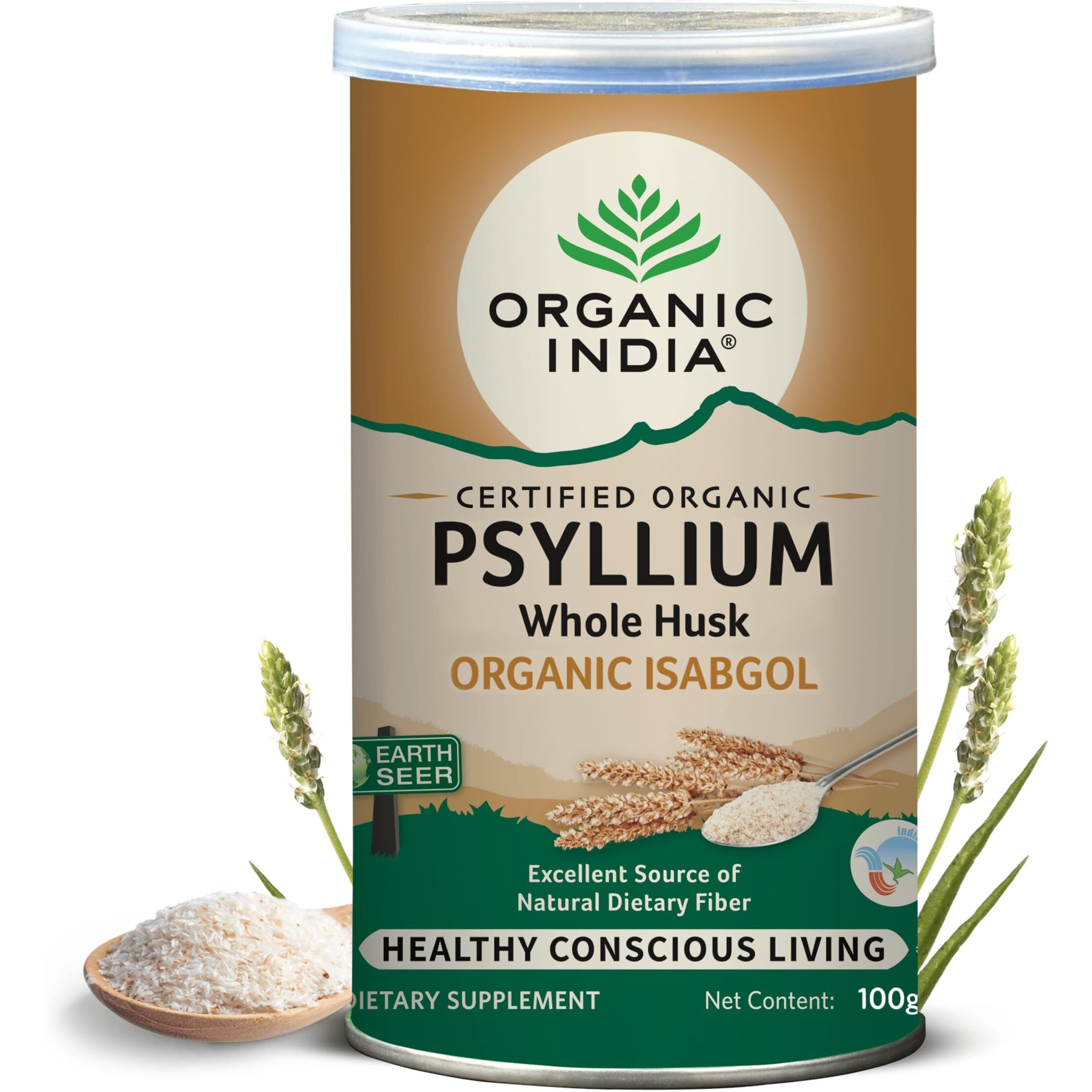 A TATA Product - Organic India Isabgol Whole Psyllium Husk Powder - 100g, With Dietary Fiber, Supports Heart Health & Digestive System, Gluten Free, Non-GMO Project Verified, NPOP & USDA Certified