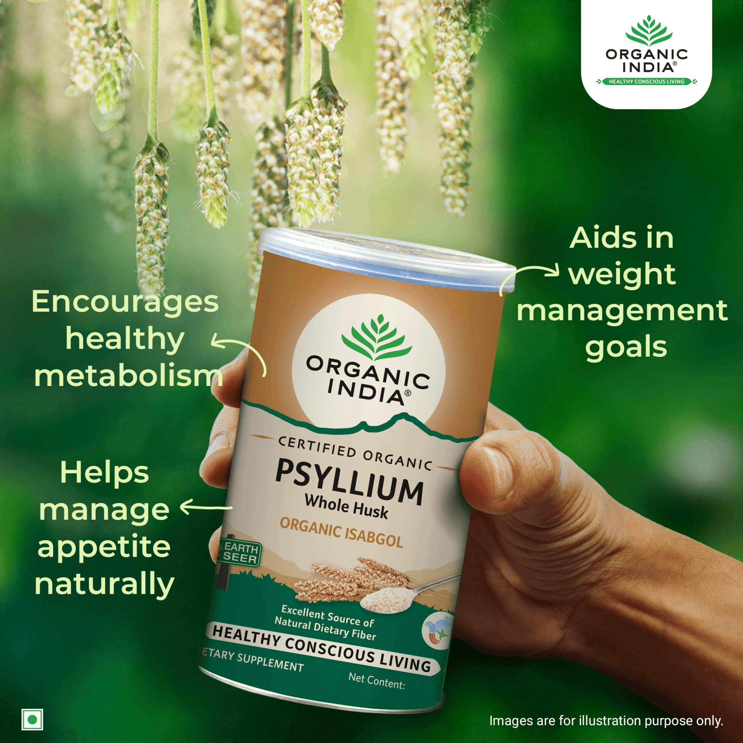A TATA Product - Organic India Isabgol Whole Psyllium Husk Powder - 100g, With Dietary Fiber, Supports Heart Health & Digestive System, Gluten Free, Non-GMO Project Verified, NPOP & USDA Certified