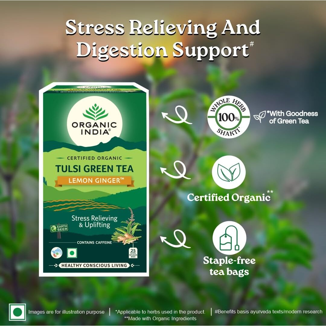 A TATA Product - Organic India Tulsi Green Tea Lemon Ginger - 25 Tea Bags