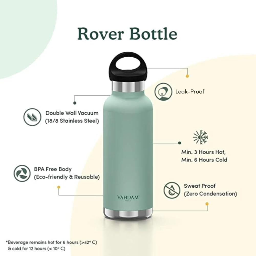 VAHDAM, Stainless Steel Travel Bottle 500ml - Mint Green | Leak-Proof, Vacuum Insulated, Double Wall | Sweat-Proof Water Bottle for Hot and Cold Drinks