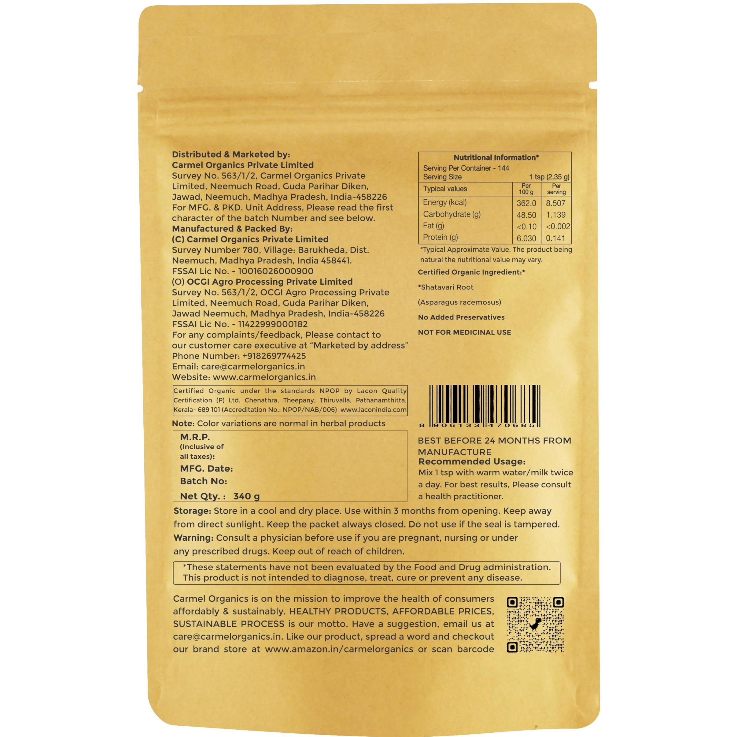 CARMEL ORGANICS Shatavari Root Powder 340 Grams (Pack of 1)| Jaivik Bharat Certified | Asparagus Racemosus | Satavari Kizhangu Podi/Chittamoothi Podi Powder | Non GMO