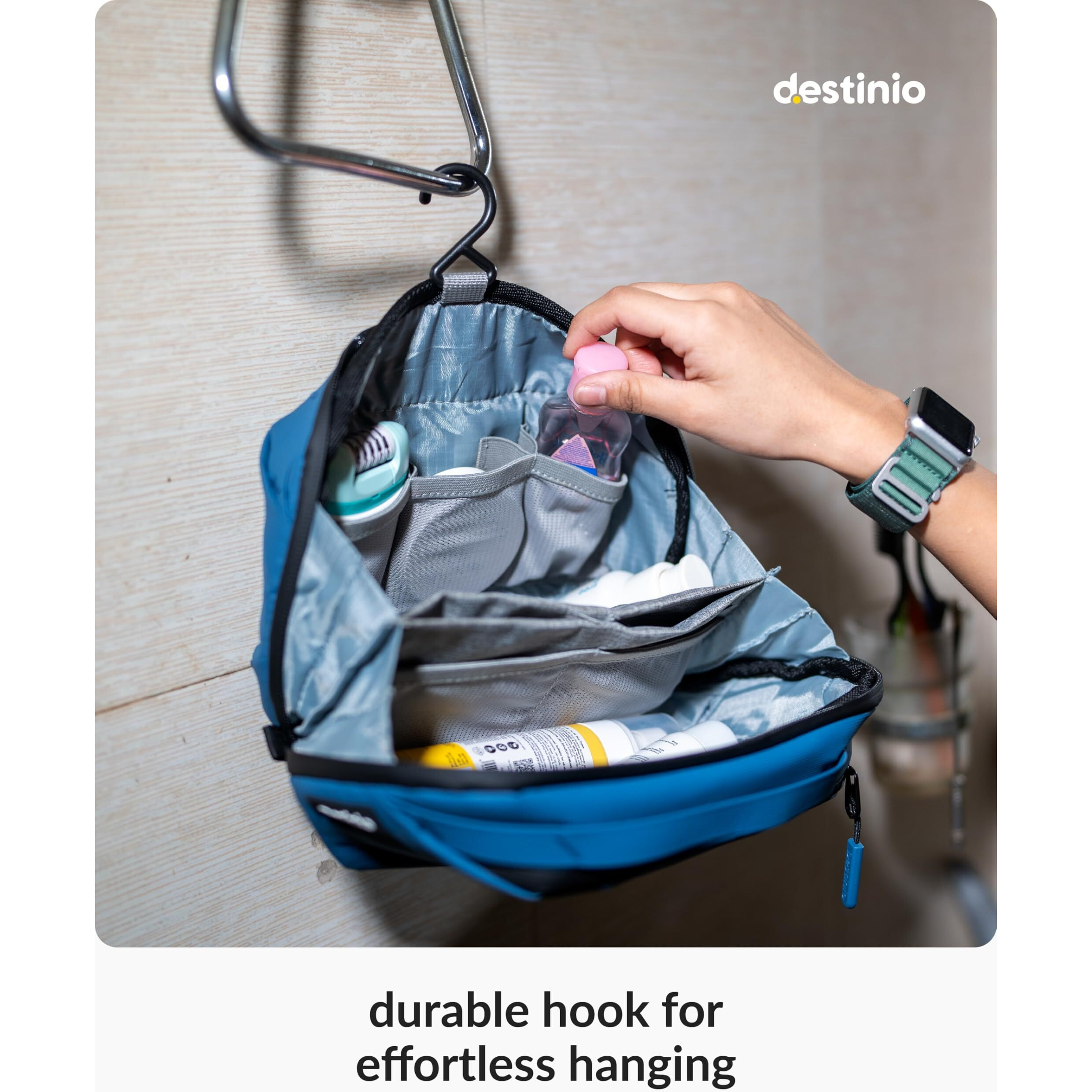 Destinio Toiletry Bag For Men And Women - Waterproof Organizer With Hanging Hook - Nylon Travel Pouch And Shaving Kit Bag For Men, Cosmetic And Make Up Pouches For Women (Dark Blue), 17 Cm