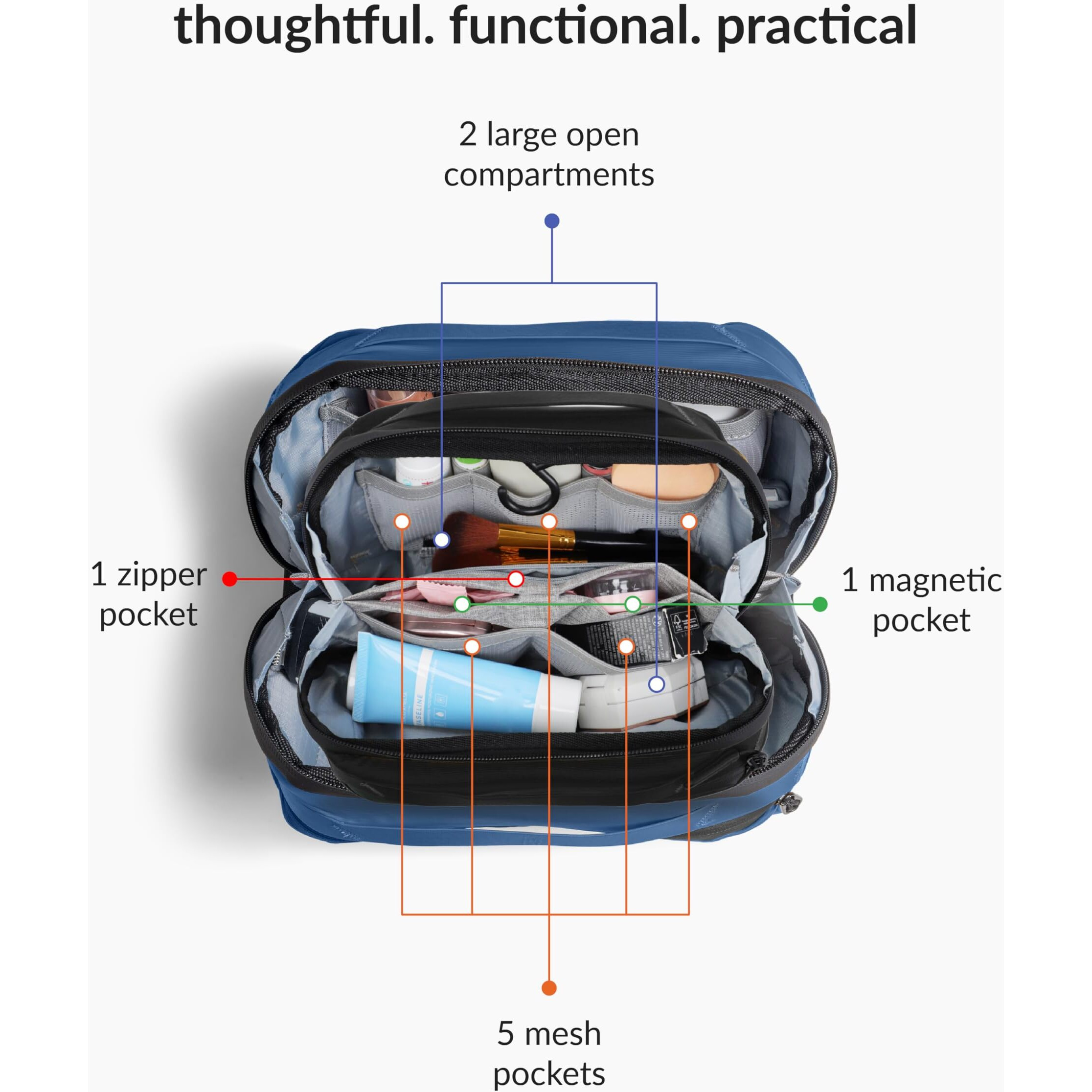 Destinio Toiletry Bag For Men And Women - Waterproof Organizer With Hanging Hook - Nylon Travel Pouch And Shaving Kit Bag For Men, Cosmetic And Make Up Pouches For Women (Dark Blue), 17 Cm