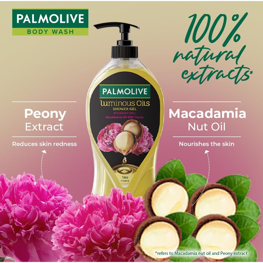 Palmolive Luminous Oil Invigorating Body Wash For Women & Men, 750Ml Pump Bottle, 100% Natural Macadamia Oil & Peony Extracts For Everyday Freshness, Ph Balanced Bodywash Shower Gel