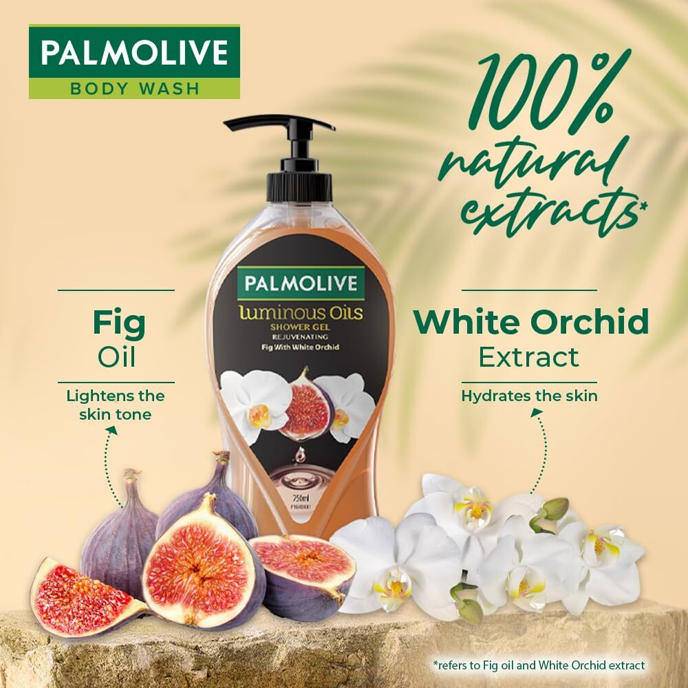 Palmolive Luminous Oil Rejuvenating Body Wash For Women & Men,750Ml Pump Bottle, Shower Gel With 100% Natural Fig Oil & White Orchid For Soft & Radiant Skin, Free Of Parabens And Silicones