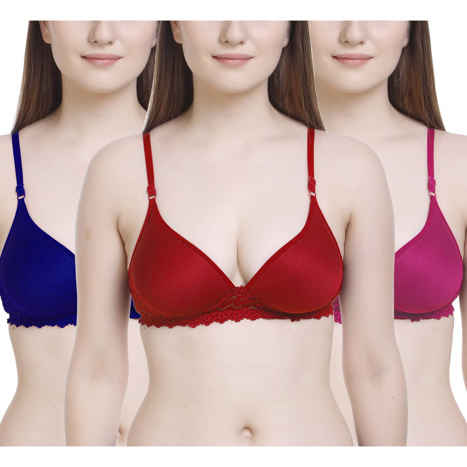 FIMS - Fashion is my style Women s Cotton & Elastane Lightly Padded Non-Wired T-Shirt Bra (NewPaddedBra_Blue,DarkPink,RED_30_Blue, DarkPink, RED_30)