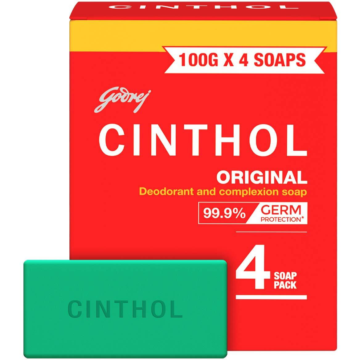 Cinthol Original Soap, 100g (Pack of 4) | Germ Protection | Soaps For Bath | Grade 1 Soap | For All Skin Types