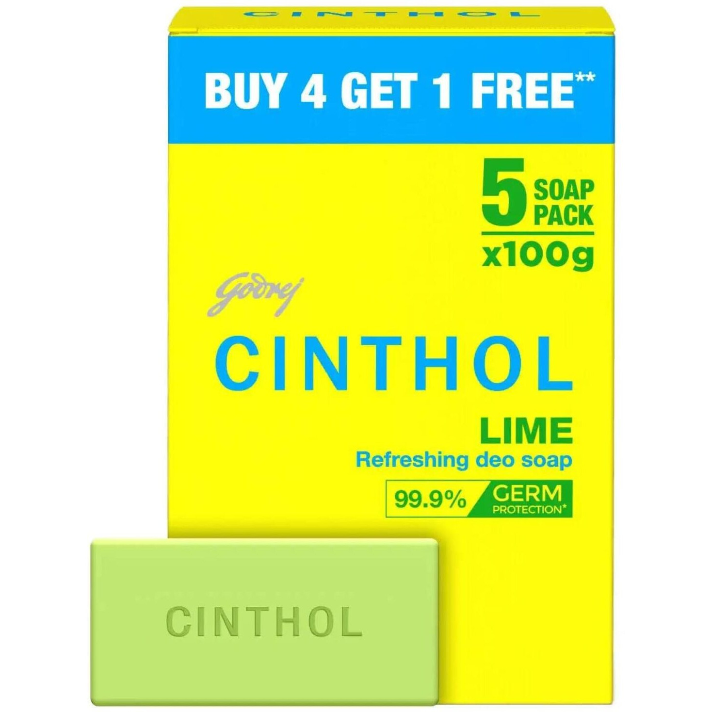 Cinthol Lime Soap, 100g (Pack of 5) - 99.9% Germ Protection | Lime Fresh Fragrance | Soaps For Bath Grade 1 Soap | For All Skin Types