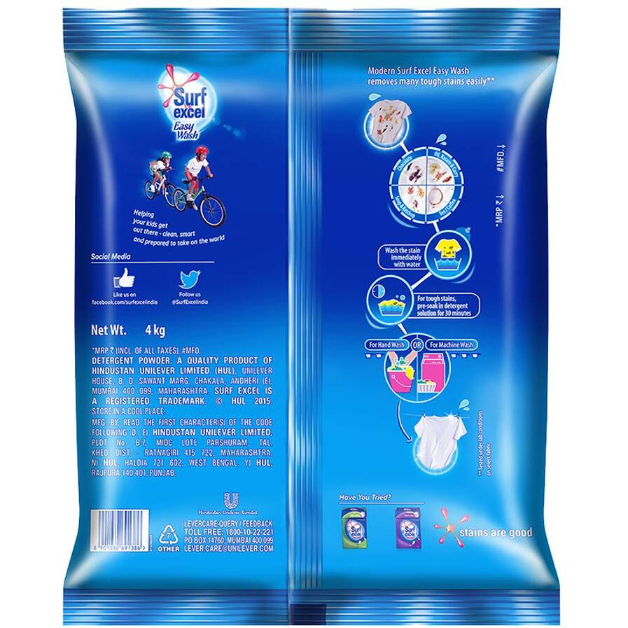 Surf Excel Easy Wash Detergent Powder 4 Kg, Washing Powder That Dissolves Easily & Removes Tough Stains On Clothes - Bucket & Machine Wash, 1 Count