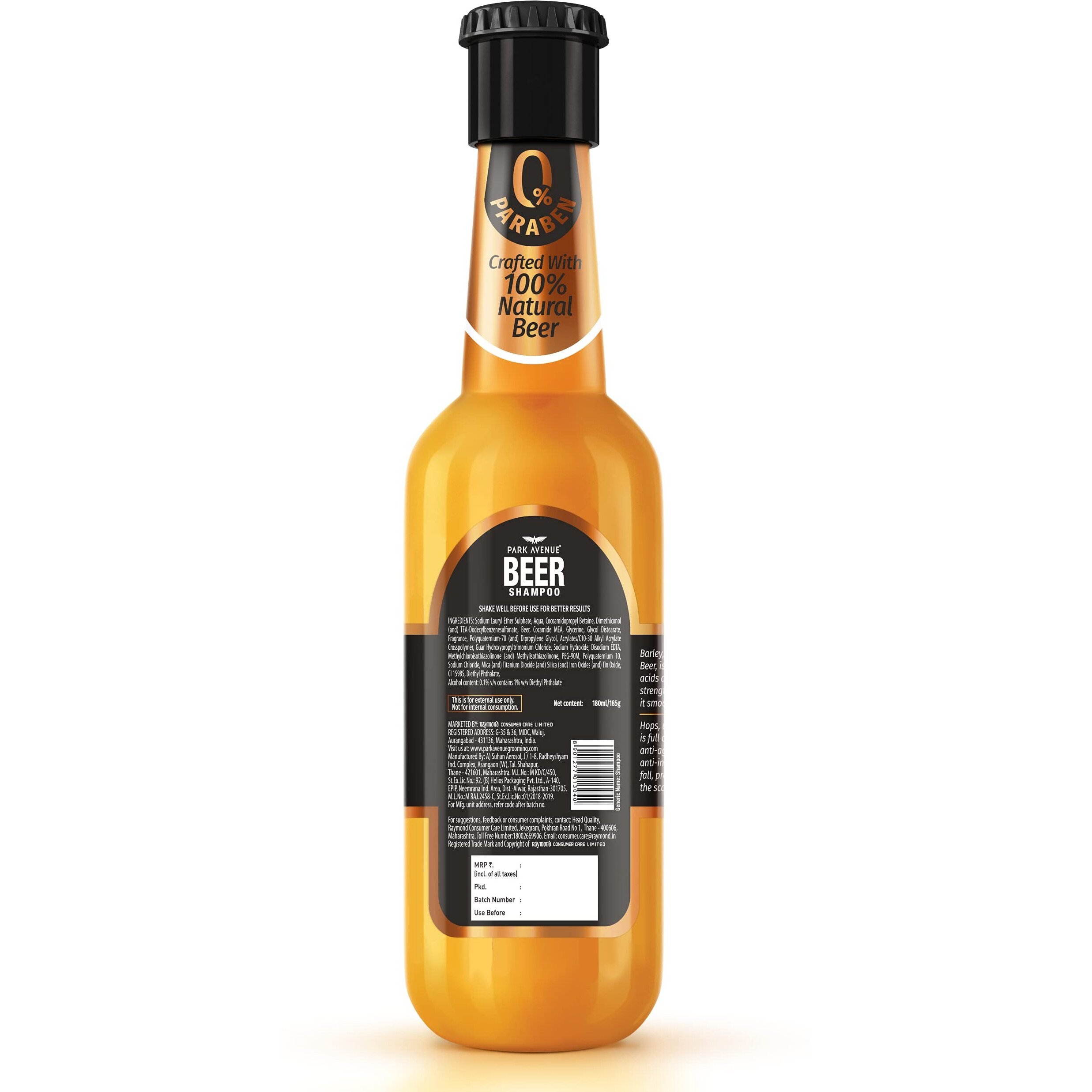 Park Avenue Beer shampoo for Shiny & Bouncy Hair (180ml) | Paraben Free | For Dull & Lifeless Hair | Crafted with Natural Beer