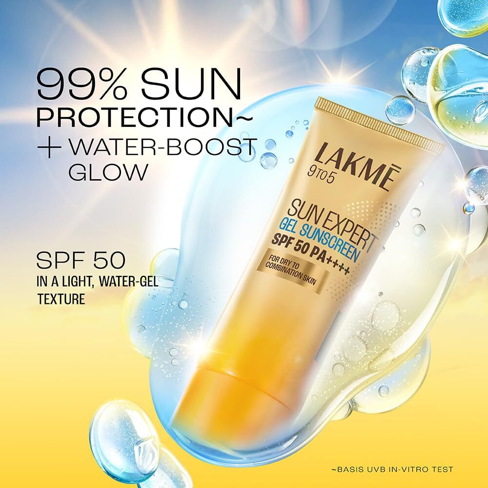 Lakm Sun Expert SPF 50 PA+++ Gel Sunscreen, Niacinamide | Water-Light|For Oily & Combination Skin| Non-sticky | For All Skin Types, For UVA/B Protection,No White Cast 50g