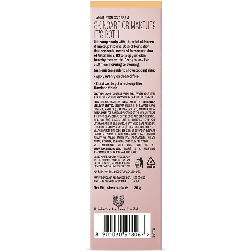 LAKM 9 To 5 Complexion Care Face Cc Cream, Light, Natural Honey, Spf 30, Conceals Dark Spots & Blemishes, All Skin Type - 30 G