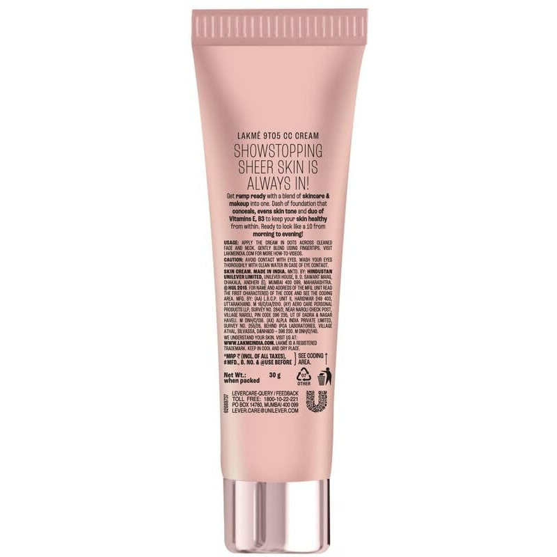 LAKM 9 To 5 Complexion Care Face Cc Cream, Light, Natural Honey, Spf 30, Conceals Dark Spots & Blemishes, All Skin Type - 30 G