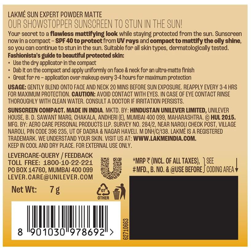 LAKM Sun Expert Ultra Matte Spf 40 Pa+++ Compact, Non Greasy Non Sticky, For Indian All Skin Type, Gives Even-Tone Complexion, 7 G