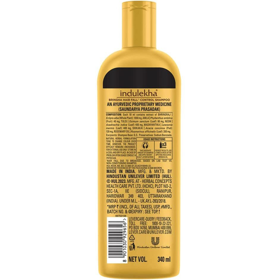 Indulekha Bringha Shampoo, Proprietary Ayurvedic Medicine For Hair Fall, Free From Parabens, Synthetic Dyes And Synthetic Perfume, 340ml