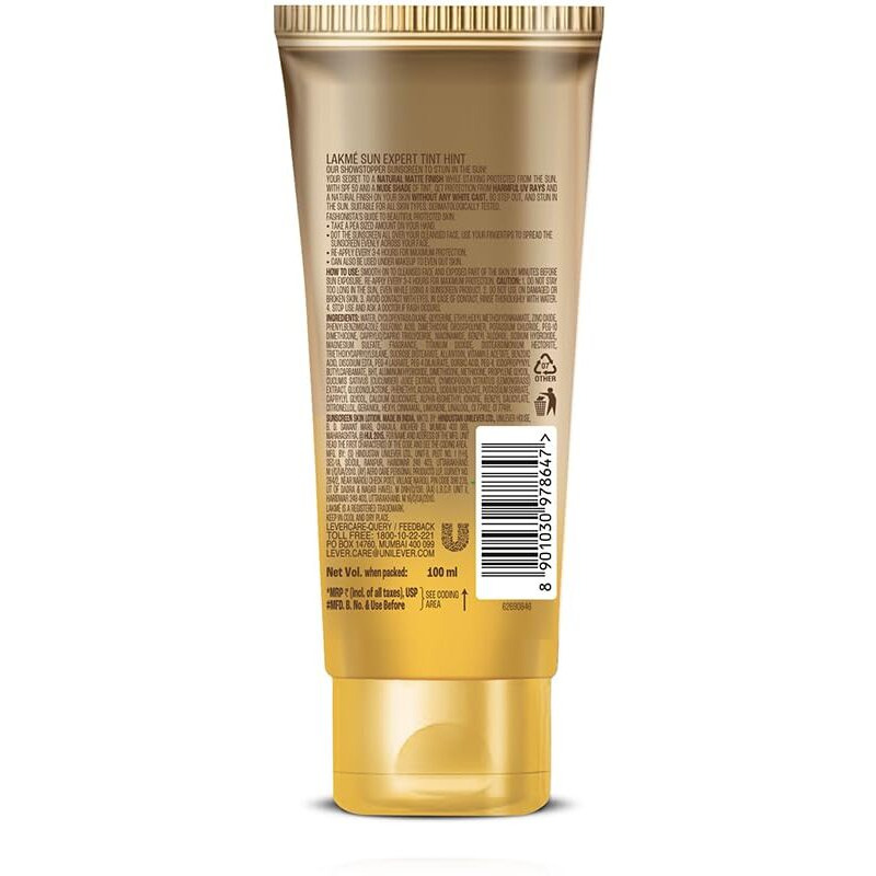 Lakme Sun Expert Tinted Sunscreen 50 SPF PA+++, Natural Tone, With Cucumber, Lightweight, Ultra Matte Finish, Blocks Upto 97% Harmful Sunrays, 100 ml