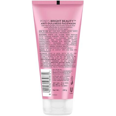 POND s Bright Beauty Anti-Dullness & Brightening Facewash With Niacinamide | For Glass-Skin Like Shine And With 4X Visibly Brighter Skin, 200Gm