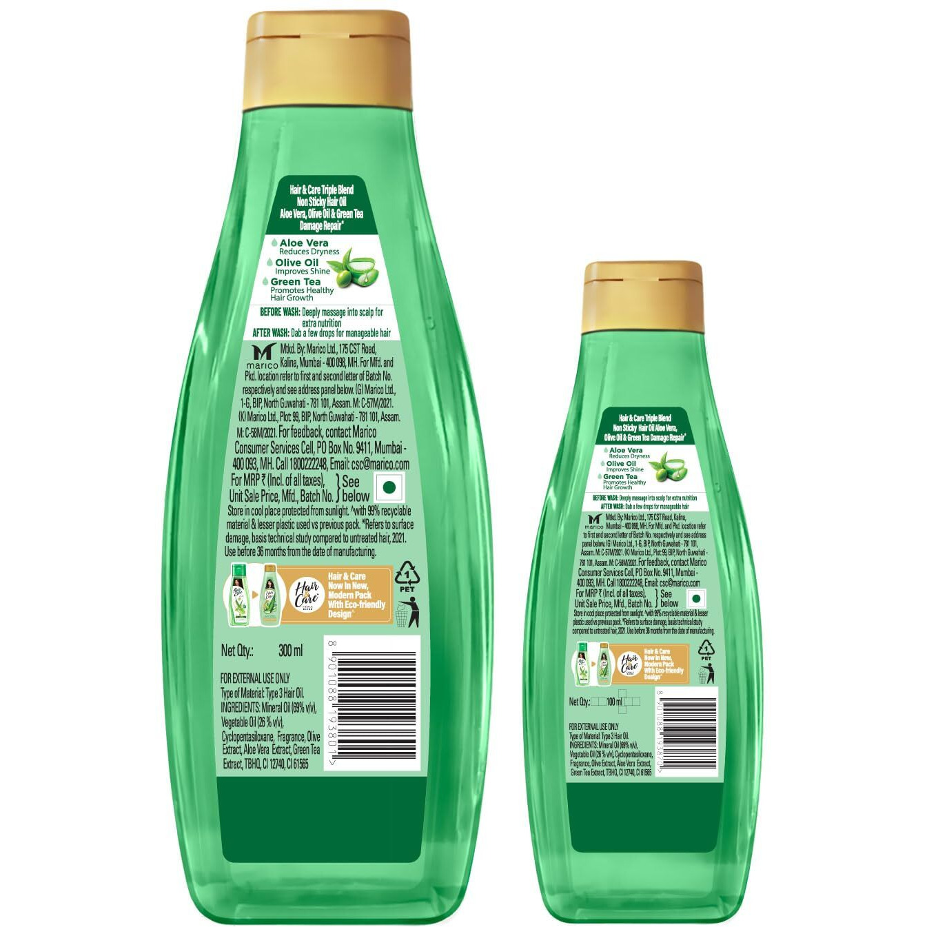 Hair & Care Triple Blend Damage Repair Non-Sticky Hair Oil with Aloe Vera, Olive Oil & Green Tea, 300 ml + 100 ml